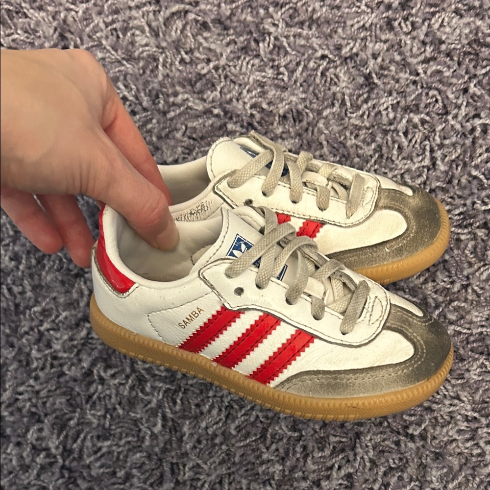 adidas Kids Samba Sneakers in White and Red with Gum Sole size 7